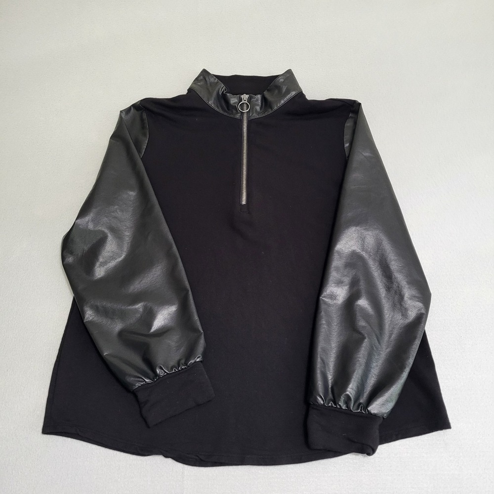 Chico's Pullover Black 1/4 Zip Top Shirt Faux Leather Sleeves Women's Size 2 L